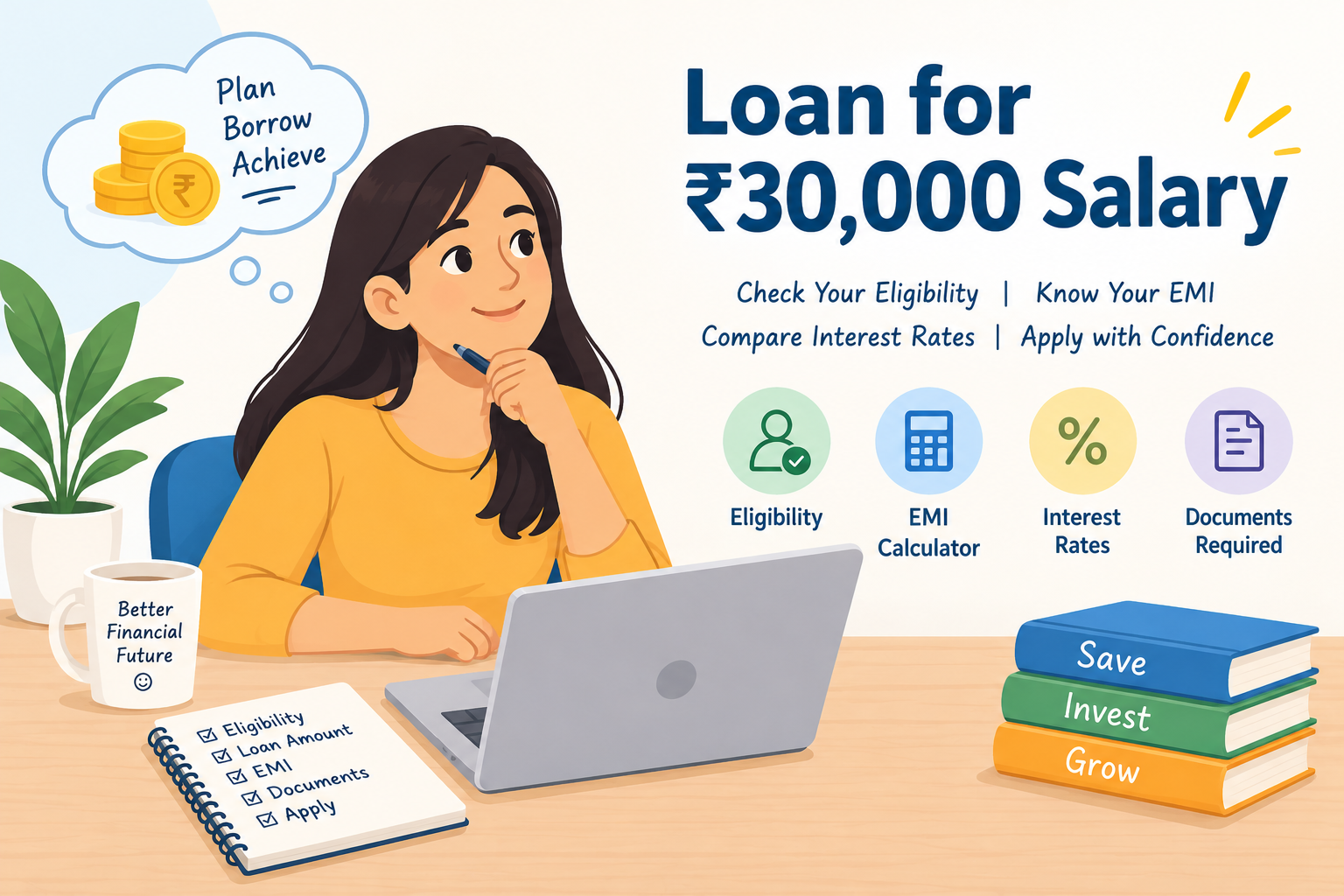 Loan for ₹30,000 salary – a colorful illustration of a woman planning her finances, highlighting personal loan eligibility, EMI calculations, interest rates, required documents, and online loan application tips.